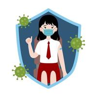 Vaccinated illustration of indonesian student with virus and shield vector