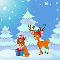 Christmas poster design with a dog and reindeer on snowy background vector