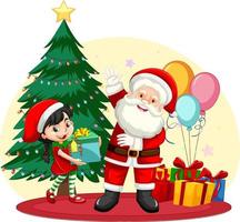 Santa Claus and a girl holding gift box in cartoon style vector