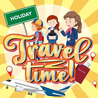 Travel Time typography design with cartoon characters