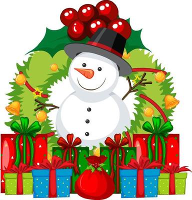 A snowman on Christmas wreath with many gift boxes