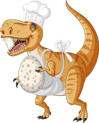 Tyrannosaurus rex dinosaur holding egg in cartoon style