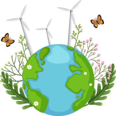 Wind turbine on earth with nature leaves and butterflies