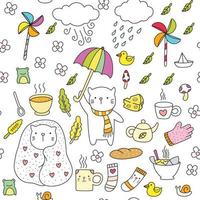 Cute cat with various objects seamless doodle vector