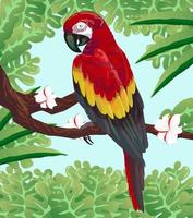 loro guacamayo en una rama con ilustración de vector de fondo de planta