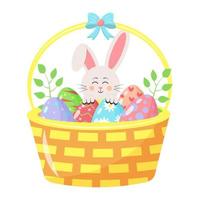 Basket with colored eggs and twigs. Easter Bunny peeking out from behind a basket. Beautiful bow at the top.