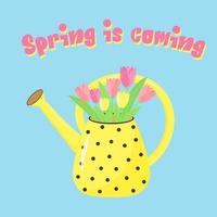 Watering can with bouquet of tulips. Spring is coming text. Springtime garden decoration. vector