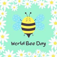 Cute smiling bee and chamomile frame. Postcard for World Bee Day. vector