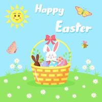 Basket with colored eggs and twigs on the daisies meadow. Easter Bunny peeking out from behind a basket. Cartoon bee and butterflies flying around and sun is shining. Happy Easter greeting card. vector