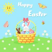 Basket with colored eggs and twigs on the daisies meadow. Easter Bunny peeking out from behind a basket. Cartoon bee and butterflies flying around and sun is shining. Happy Easter greeting card. vector