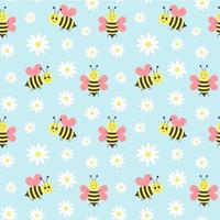 Seamless pattern of daisy flower and cartoon bee on blue background. vector