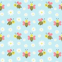 Seamless pattern of daisy flower and cartoon bee on blue background. vector