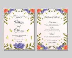 hand draw floral and leaves wedding invitation and wedding menu illustration template vector