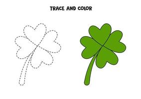 Trace and color green four leaf clover. Worksheet for children. vector