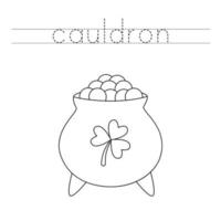 Trace the letters and color cauldron. Handwriting practice for kids. vector