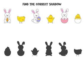 encuentra las sombras correctas de lindos conejitos de pascua y pollitos. rompecabezas lógico para niños. vector