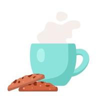 Cup with hot drink and cookies, vector illustration in cartoon flat style. Coffee, cocoa or tea cup with stream. Tasty breakfast or coffee break. Print for cards, clothes, sticker, design and decor