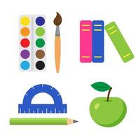 conjunto de elementos escolares y educativos. pinturas con pincel, libros, transportador con lápiz y manzana. concepto de regreso a la escuela. impresiones para web, volante, pegatinas, diseño y decoración vector