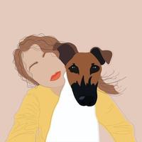 Abstract face girl with dog. Happy fox terrier and his mistress. vector