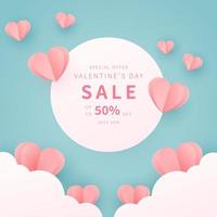 Valentine's day sale promotion banner template. Design for advertising, background, banner, social media, poster, flyer. Vector in paper cut style.