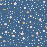 encantador bebé ducha cielo estrellado lunares patrón sin costuras ilustración vectorial, estrellas dibujadas a mano en orden caótico aleatorio, dulces sueños niños divertida imagen simple para textiles, papel de regalo vector