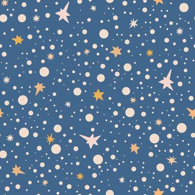 Lovely baby shower starry sky polka dot seamless pattern vector illustration, hand drawn stars in random chaotic order, sweet dreams children funny simple image for textile, gift paper