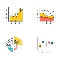 Chart and graph color icons set. Radial diagram with increasing values. Area charts with segments and sections. Vertical scatter histogram. Business research, report. Isolated vector illustrations