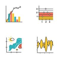 Chart and graph color icons set. Temperature map. Point and figure chart. Seismic activity presentation. Mixed graph with histogram and linear elements. Vibration curve. Isolated vector illustrations