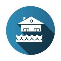 Flood blue flat design long shadow glyph icon. Overflow of water. Sinking house. Submerged building. Flooding locality. Sea level rise. Natural disaster. Vector silhouette illustration