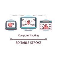 Computer hacking concept icon. Cyber attack idea thin line illustration. Stealing personal info. Internet crime, fraud. Bugs and virus. Vector isolated outline drawing. Editable stroke