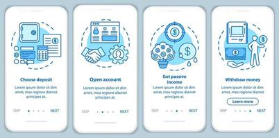 Bank deposit operations onboarding mobile app page screen with linear concepts. Banking service. Four walkthrough steps graphic instructions. UX, UI, GUI vector template with illustrations