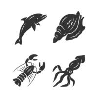 Conjunto de iconos de glifos de animales del océano. delfín, calamar, langosta, tritón. habitantes del mundo submarino. pez nadando. fauna marina. menú del restaurante de mariscos. símbolos de silueta. vector ilustración aislada