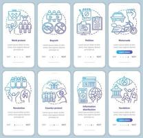 Social protest onboarding mobile app page screens vector templates set. Public demonstration and boycott walkthrough website steps with linear illustrations. UX, UI, GUI smartphone interface concept