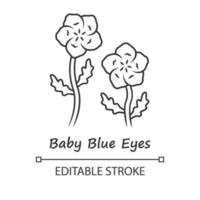 Baby blue eyes linear icon. Thin line illustration. Linen blooming flower with name inscription. Blue flax inflorescence. Wildflower blossom. Contour symbol. Vector isolated drawing. Editable stroke