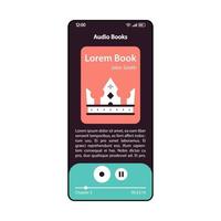 Audiobook player smartphone interface vector template. Mobile audio book listening app page black design layout. Ebooks reader screen. Electronic books library flat UI application. Phone display