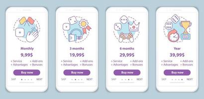 Gaming subscription onboarding mobile app screens with service prices. Walkthrough website templates. Pay to play. Virtual reality, gambling games. Tariff plan steps. Smartphone payment webpage layout vector