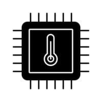 icono de glifo de temperatura del procesador. temperatura del núcleo sobrecalentamiento de la CPU. microchip, conjunto de chips. unidad central de procesamiento de calefacción. Circuito integrado con termómetro. símbolo de la silueta. ilustración vectorial aislada vector