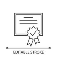 Certificate linear icon. Diploma. Quality certificate. Thin line illustration. Award. License. Contour symbol. Vector isolated outline drawing. Editable stroke