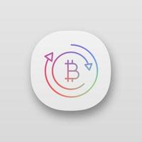 Bitcoin exchange app icon. UI UX user interface. Digital currency transaction. Cryptocurrency mining. Bitcoin coin with arrows. Web or mobile application. Vector isolated illustration