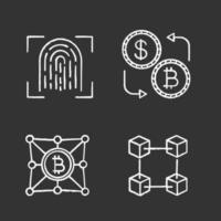 Bitcoin cryptocurrency chalk icons set. Fingerprint scanning, blockchain, currency exchange, bitcoin network. Isolated vector chalkboard illustrations