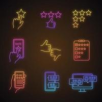 Rating neon light icons set. Add to favorite, customer review and feedback, app rating, like and dislike, quality survey. Glowing signs. Vector isolated illustrations