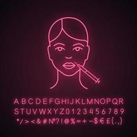 Lips neurotoxin injection neon light icon. Anti wrinkle injection. Lips augmentation. Cosmetic procedure. Cosmetology. Glowing sign with alphabet, numbers and symbols. Vector isolated illustration