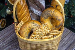 Bread in a basket, top view. photo