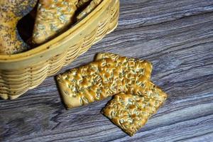 Bread on a wooden background close-up. photo