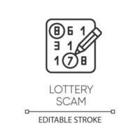 Lottery scam linear icon. Advance-fee fraud. Sweepstake contest. Prize scamming. Gambling. Upfront payment. Thin line illustration. Contour symbol. Vector isolated outline drawing. Editable stroke