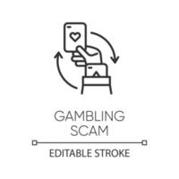 Gambling scam linear icon. Money betting, risk taking. Cheating in casino. Hand holding card. Cybercrime. Thin line illustration. Contour symbol. Vector isolated outline drawing. Editable stroke