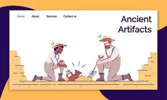 Ancient artifacts landing page vector template. Archeological excavations website interface idea with flat illustrations. Study of antique ceramics homepage layout. Web banner, webpage cartoon concept