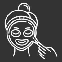 Applying peel-off mask chalk icon. Skin care procedure. Facial beauty treatment. Face product for lifting and exfoliating. Dermatology, cosmetics, makeup. Isolated vector chalkboard illustration