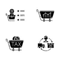 Trading glyph icons set. Marketing research. Best seller list, sell analytics, sales tax ID, dropshipping. Business organization. Product promotion. Silhouette symbols. Vector isolated illustration