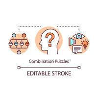 Combination puzzles concept icon. Strategy game solving algorithm idea thin line illustration. Different puzzle types synthesis. Problem solution. Vector isolated outline drawing. Editable stroke